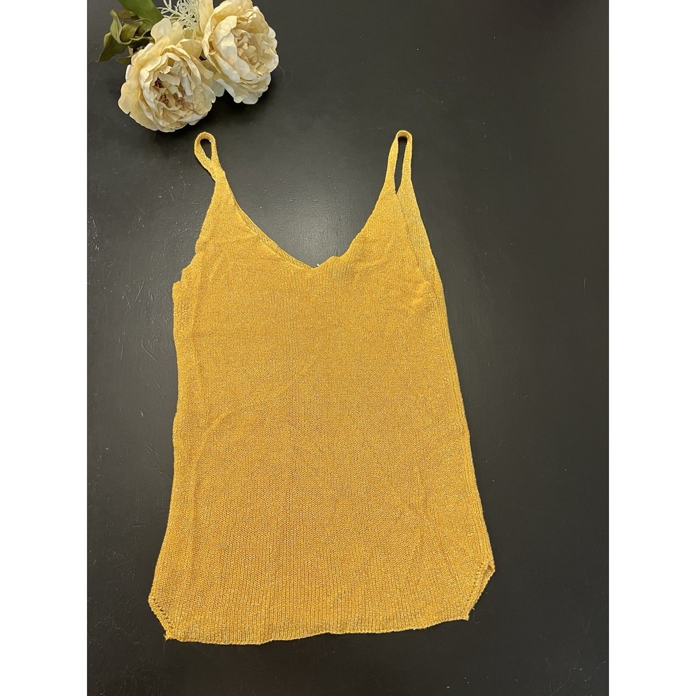 Grey Violet NWOT Boutique Gold Yellow Metallic Thread Knit Sleeves Tank Blouse S